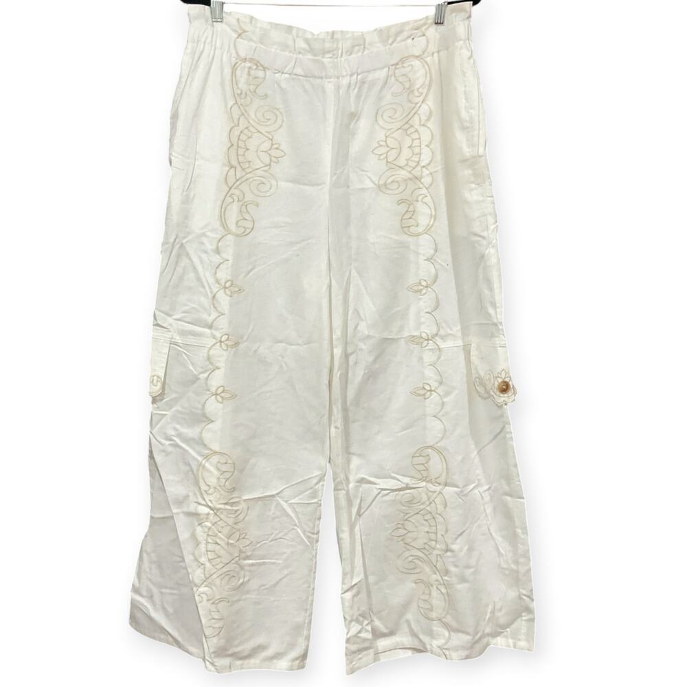 Embroidered White Pants Hi-Rise Large 100% Cotton